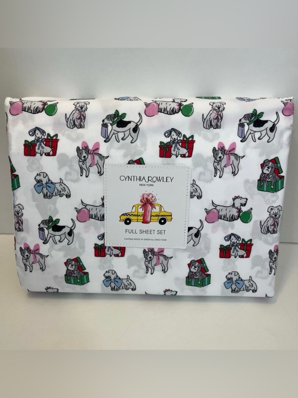 Cynthia Rowley Puppy Cheer Full Size Sheet Set Presents Bows Ornaments Gifts